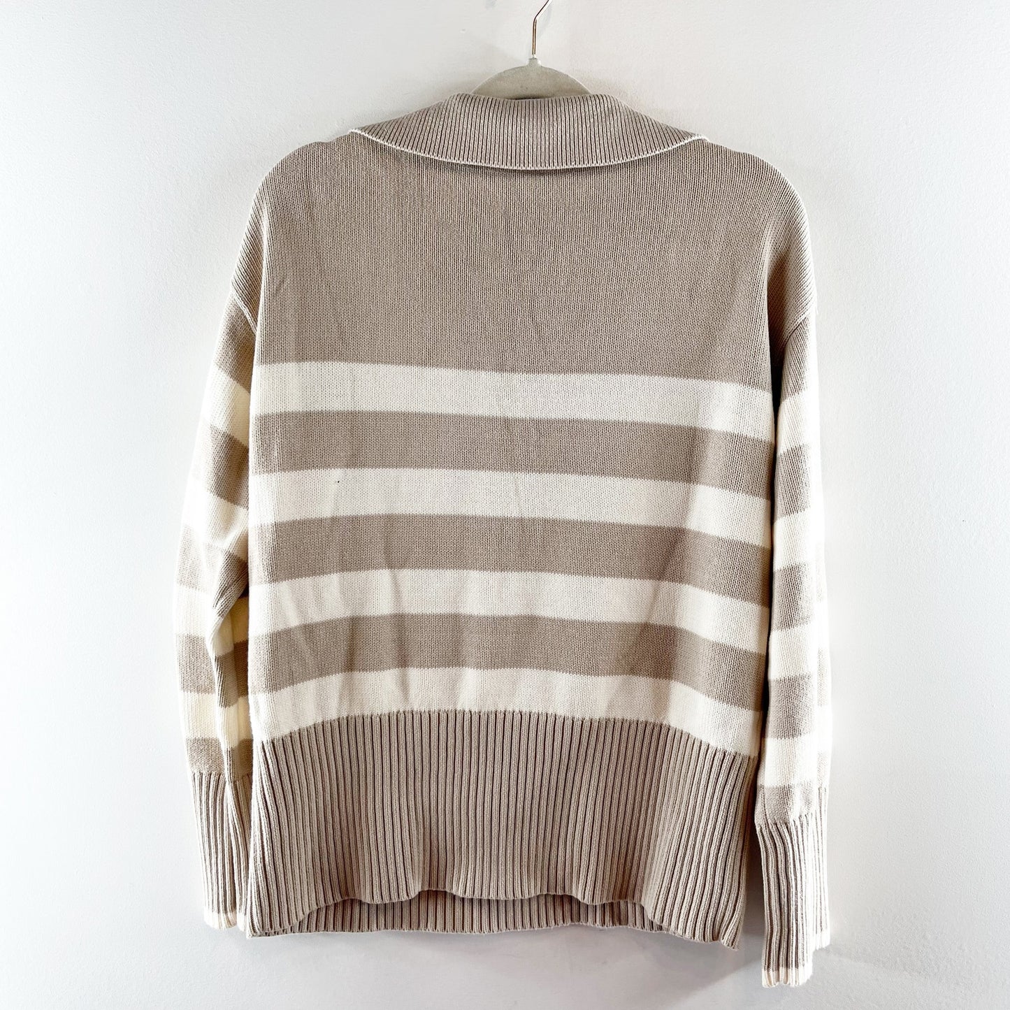 Zesica Long Sleeve V Neck Striped Polo Pullover Sweater Tan White Small