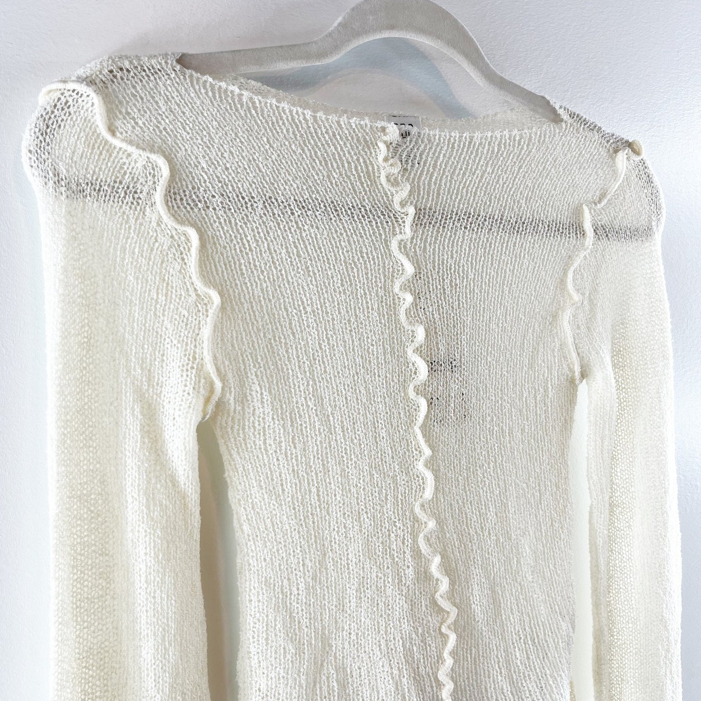 Urban Outfitters Sheer Boatneck Lettuce Trim Bell Sleeve Sweater Top Cream Small