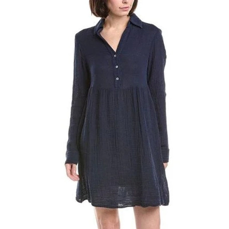 Michael Stars Kimberly Gauze Long Sleeve Mini Shirt Dress Dark Blue Medium