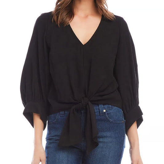 Karen Kane Twill Blouson Sleeve V-Neck Knot Tie-Front Blouse Top Black Large