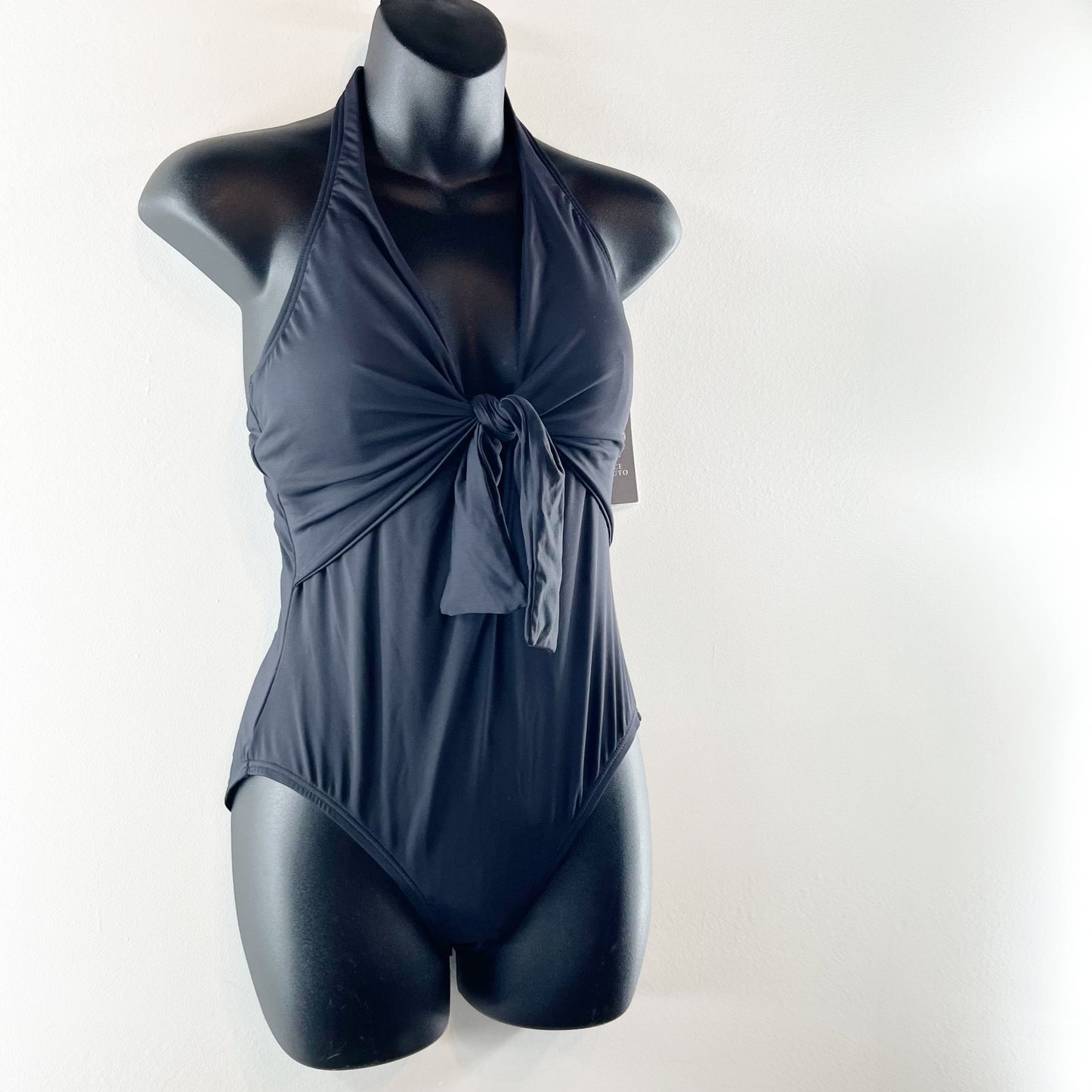 Vince Camuto Plunge V Neck Tie Front Halter One Piece Swimsuit Black 12