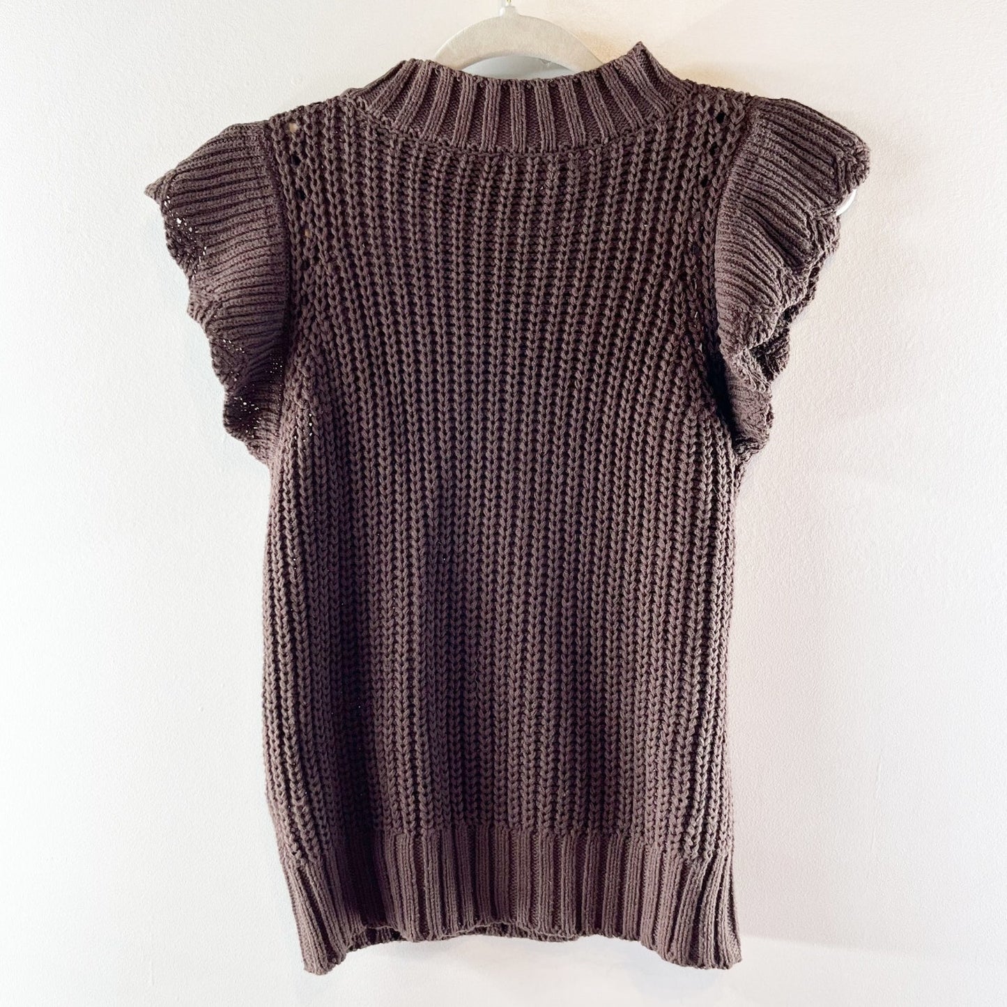 Evereve Ruffle Flutter Cap Short Sleeve Crewneck Sweater Brown XS