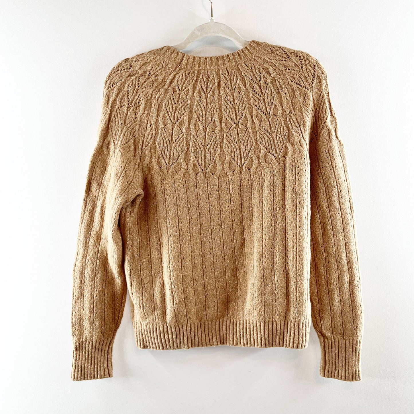 Talbots Long Sleeve Metallic Pointelle Sweater Tan Beige Small