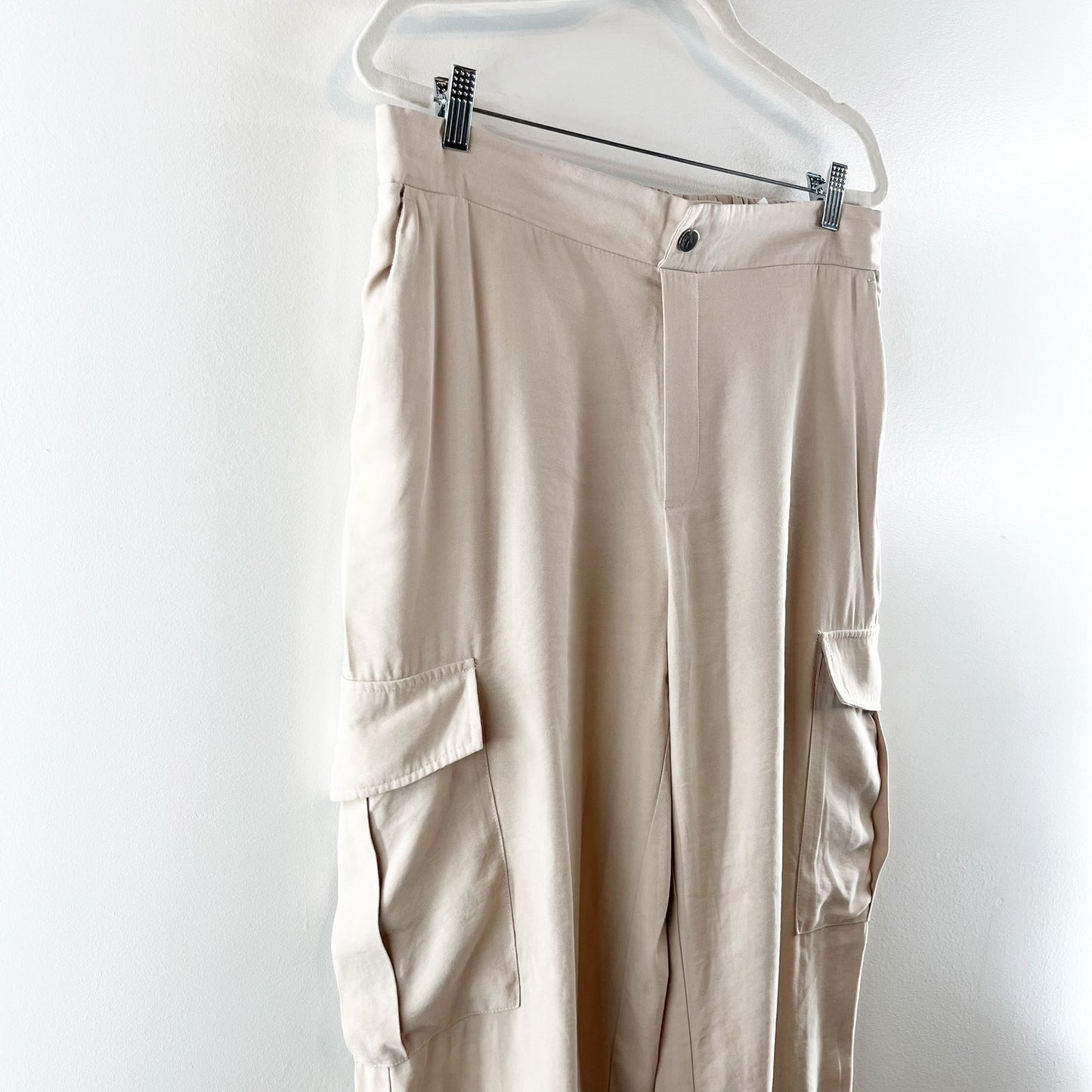 ZARA High Rise Wide Leg Cargo Pocket Pants Tan Beige Khaki XL