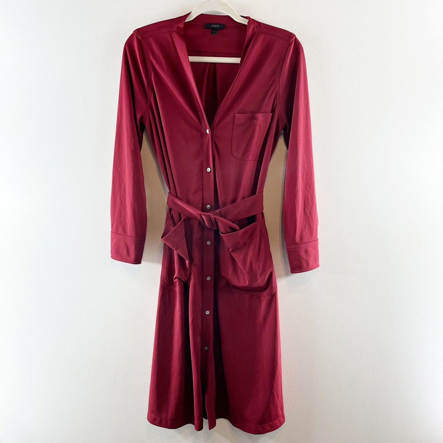 J. Crew Long Sleeve Belted Midi Shirt Dress Maroon Burgundy Red Medium Petite