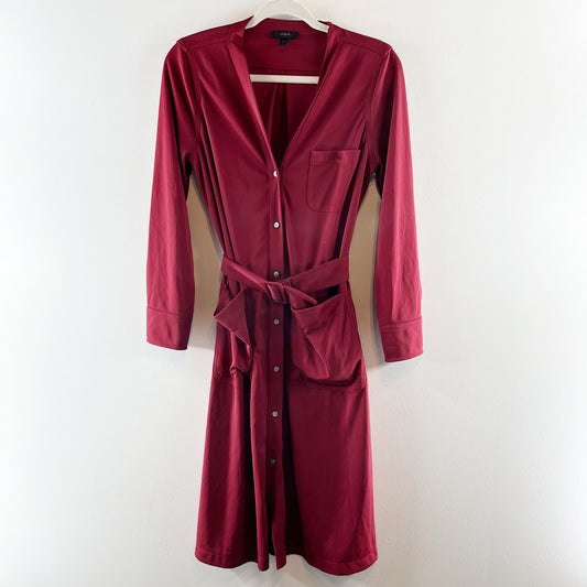 J. Crew Long Sleeve Belted Midi Shirt Dress Maroon Burgundy Red Medium Petite