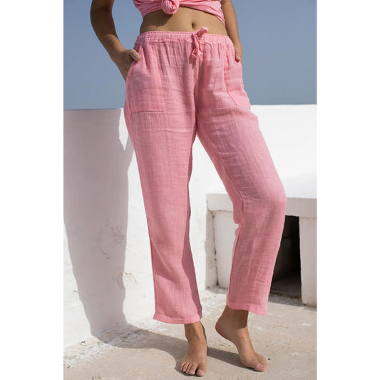 Olivaceous High Rise Cotton Gauzy Pull On Beach Straight Leg Pants Pink Medium