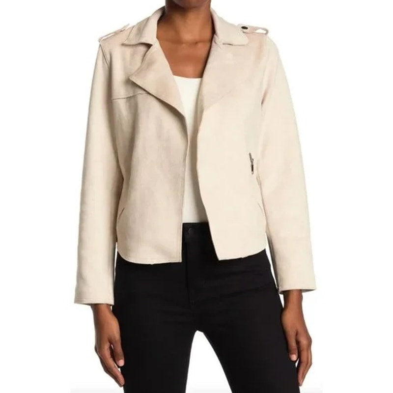 Tahari Long Sleeve Open Faux Suede Moto Jacket Tan Beige Medium