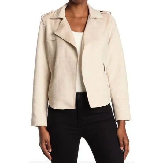 Tahari Long Sleeve Open Faux Suede Moto Jacket Tan Beige Medium