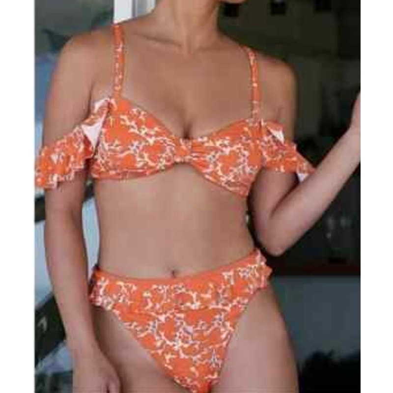 Maeve Anthropologie Jasmine Flounced Bikini Swimsuit Set Orange XL
