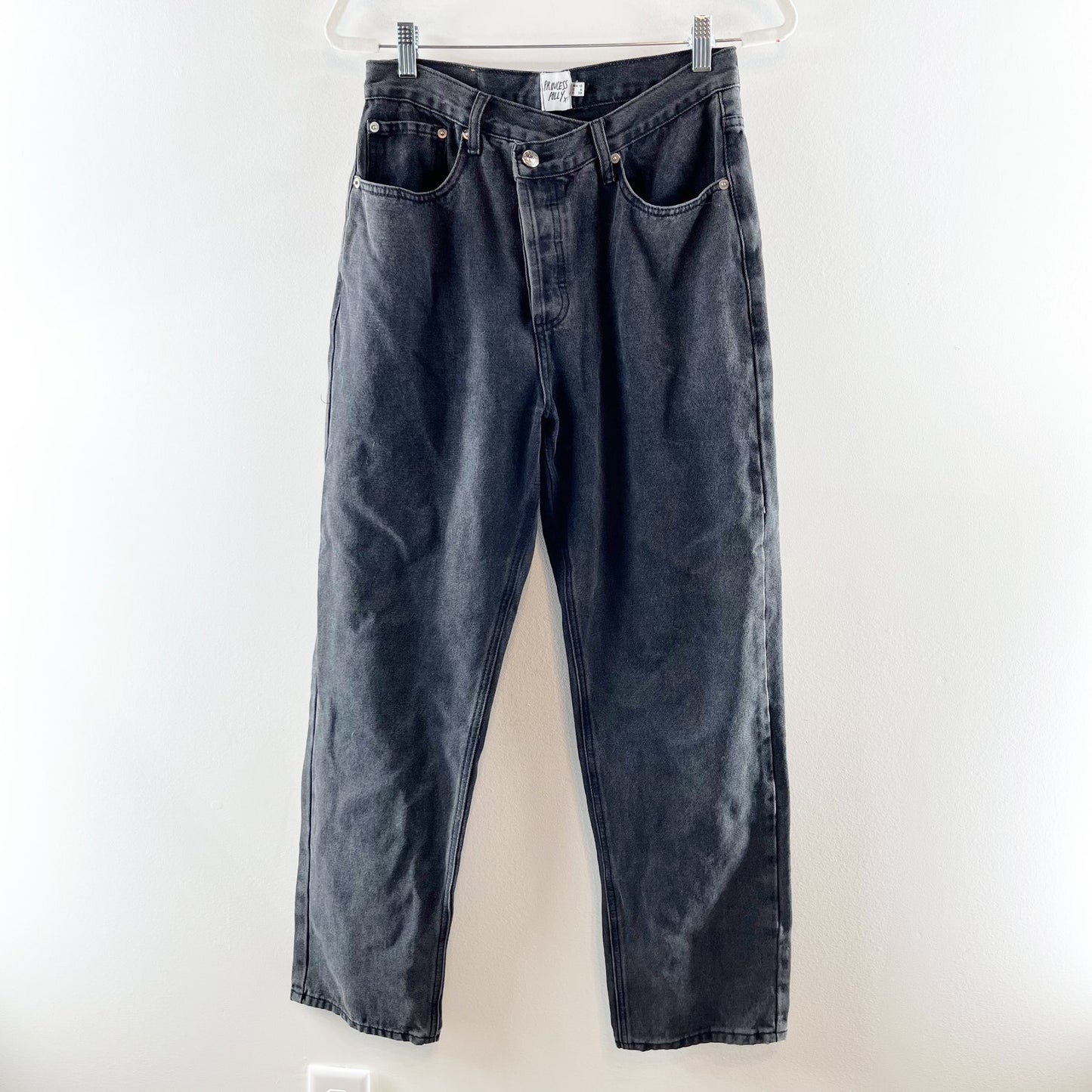 Princess Polly High Rise Crossover Waist Button Fly Straight Leg Jeans Black 6