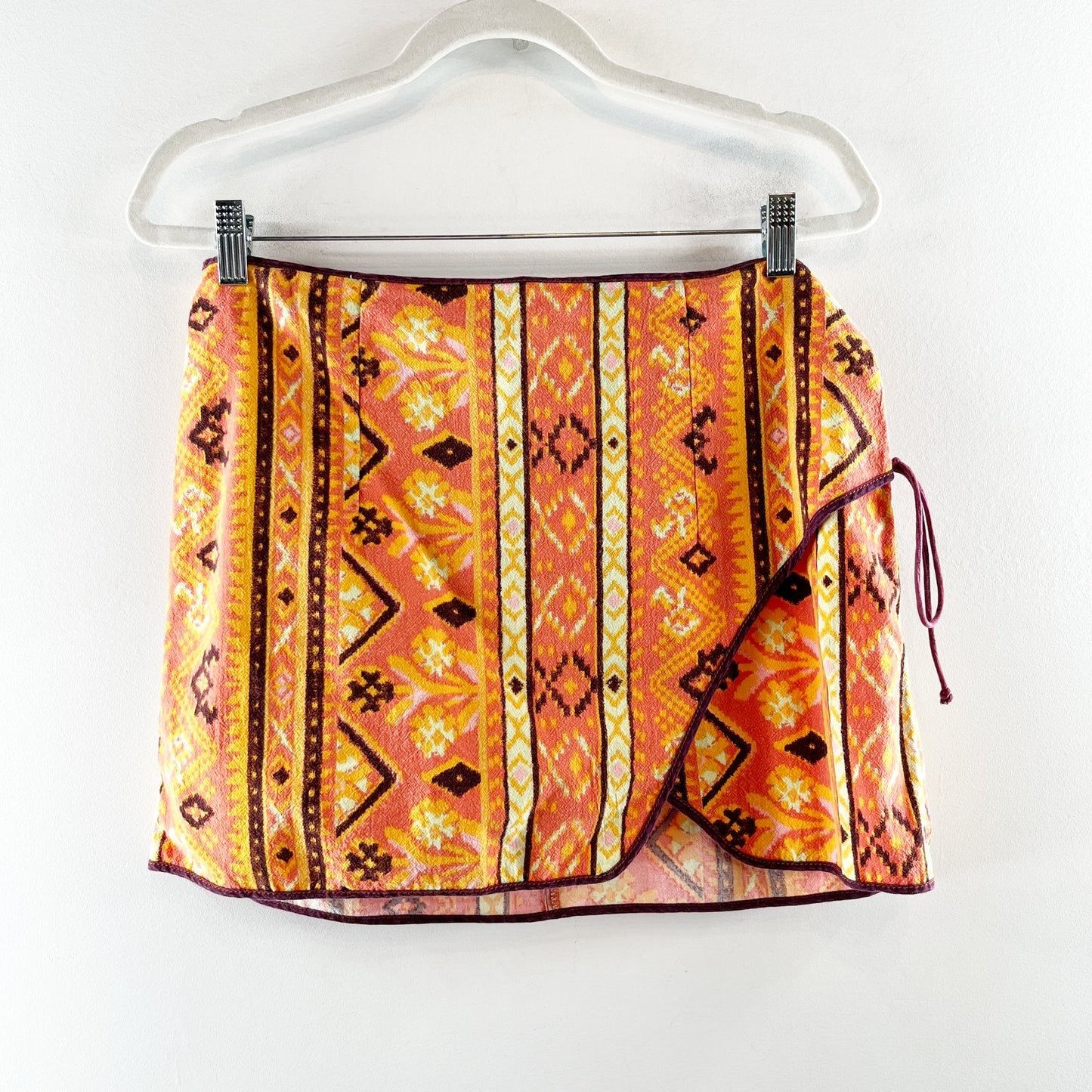 Free People Cleo Printed High Waisted Tie Side Mini Wrap Skirt Orange 8