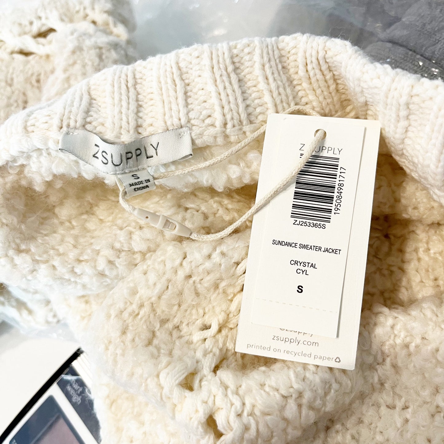 Z Supply Sundance Sweater Full Zip Jacket Cream Ivory Crystal Small