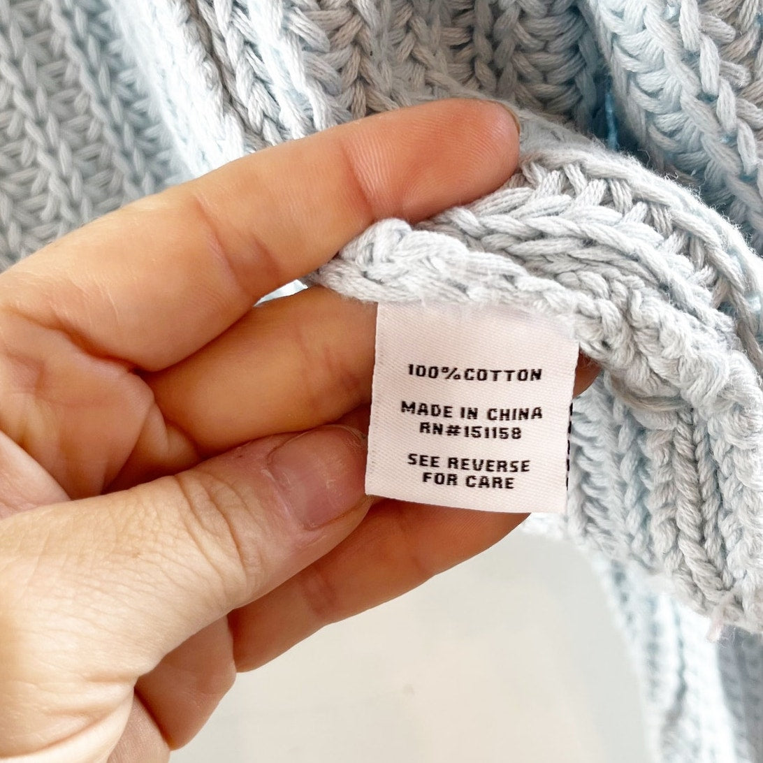 525 Long Cable Knit Sleeve Button Up Chunky Cotton Cardigan Sweater Light Blue L