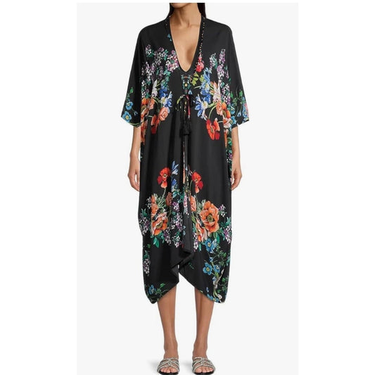 Johnny Was Flower Arch Short Sleeve Midi Kaftan Kimono Cover Up Dress Black S/M