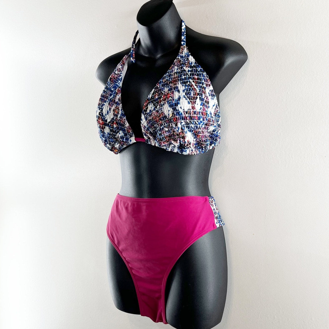 Swimsuits for All Smocked Triangle Top & Bikini Bottom Set Blue Pink 20 / 22