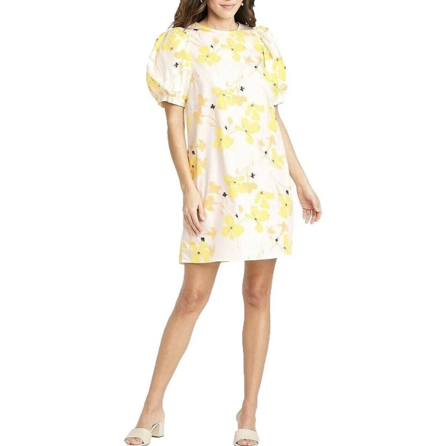 A New Day Floral Print Puff Sleeve Mini Shift Dress White Yellow Medium