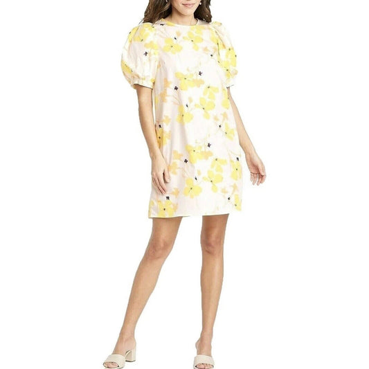 A New Day Floral Print Puff Sleeve Mini Shift Dress White Yellow Medium