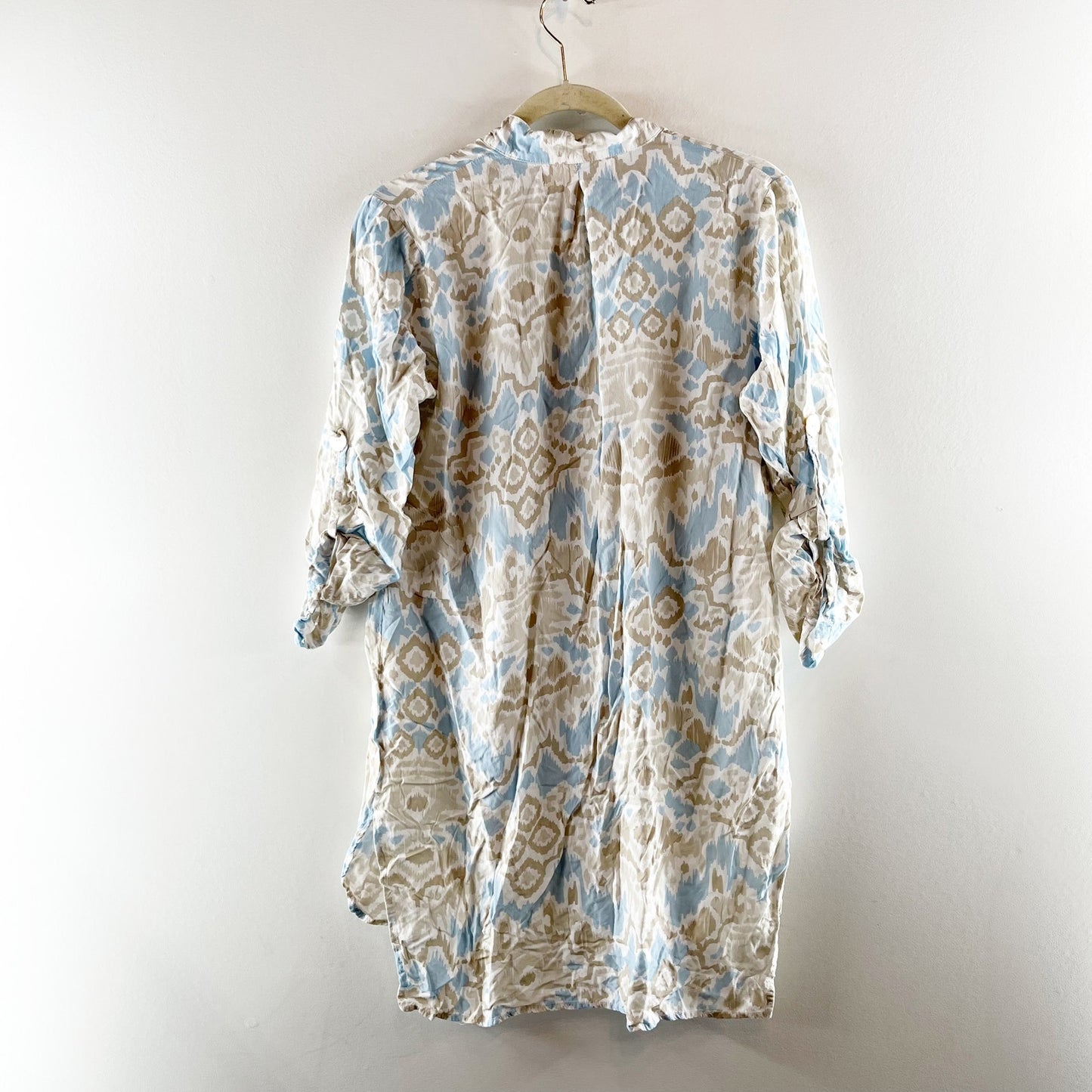 Walker & Wade Day Tripper Hi-Low Shirt Dress Sand and Sea Ikat Blue Cream Small