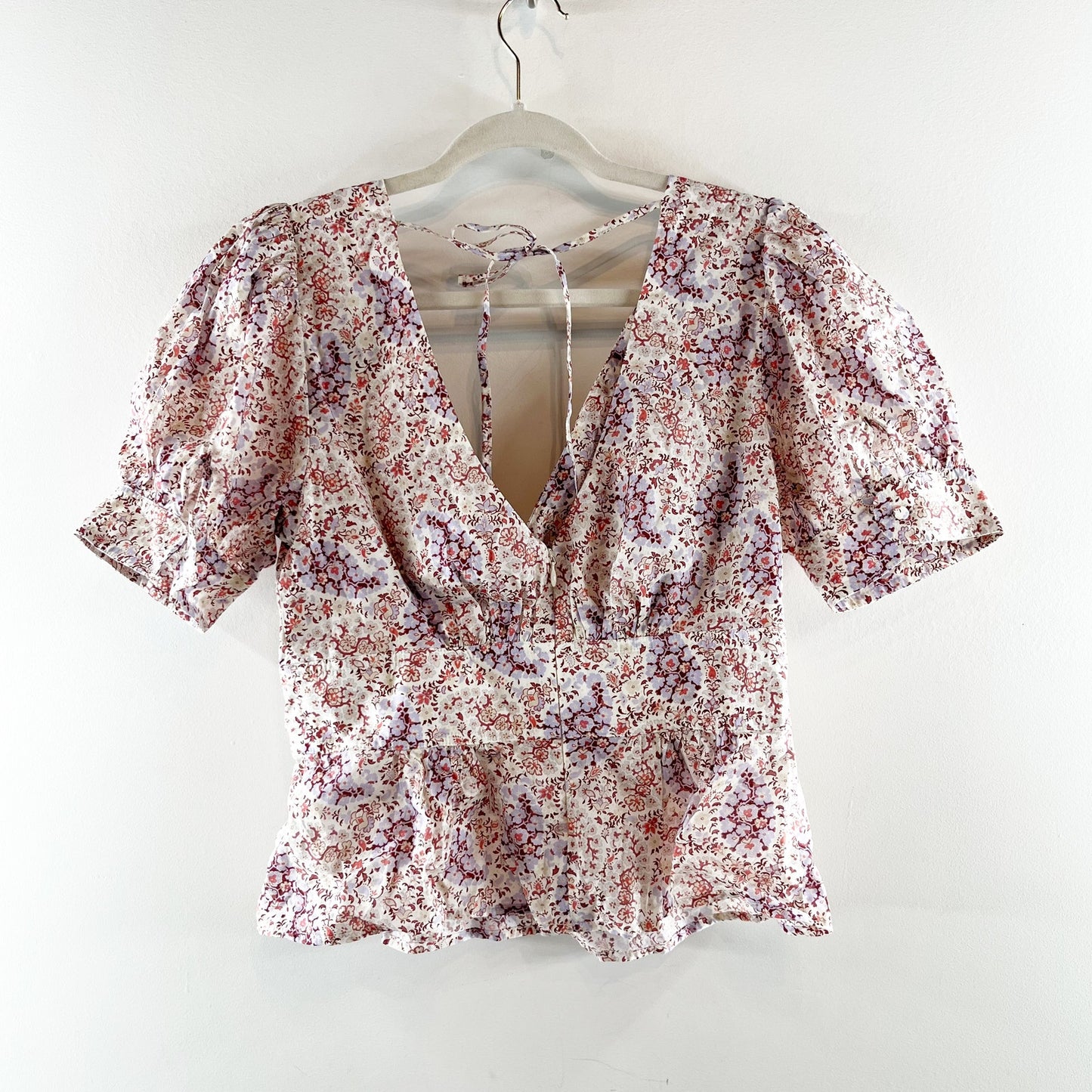 J. Crew Puff Short Sleeve V Neck Top Blouse in Ratti Paisley Garden White Purple