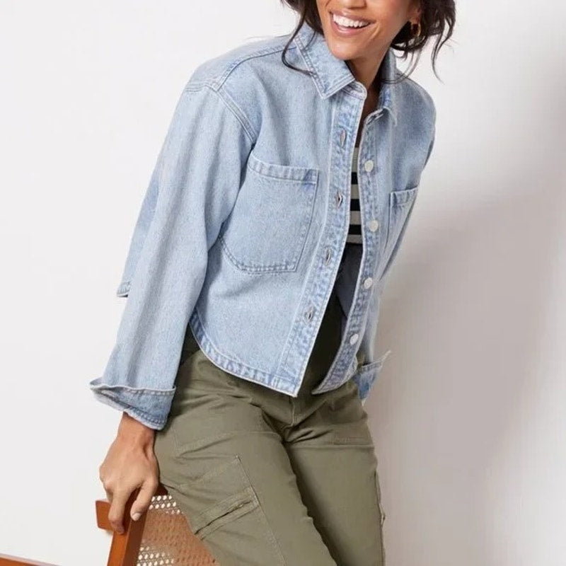 Z Supply All Day Cropped Denim Jacket Shacket Sunbleached Indigo Blue XS