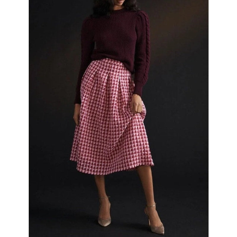 Eva Franco Plaid Full Textured Pleated A-Line Midi Skirt Pink Combo 4