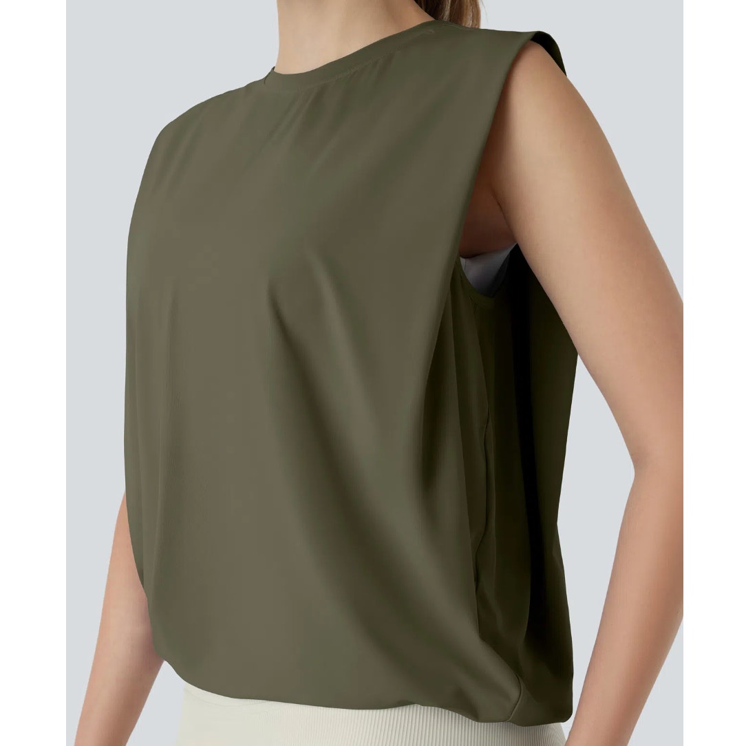 Halara Round Neck Ruched Cool Touch Yoga Tank Top UPF50+ Grass Gray Green XL