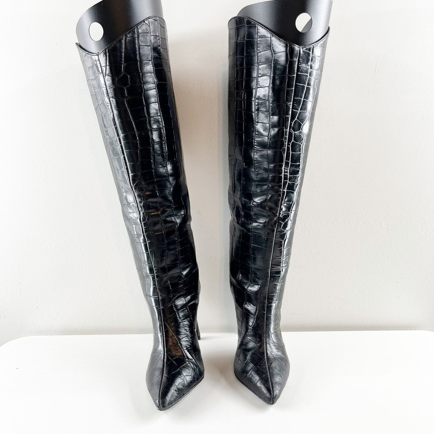 Shutz Maryana Knee High Croc Embossed Stiletto Heel Boots Black 6