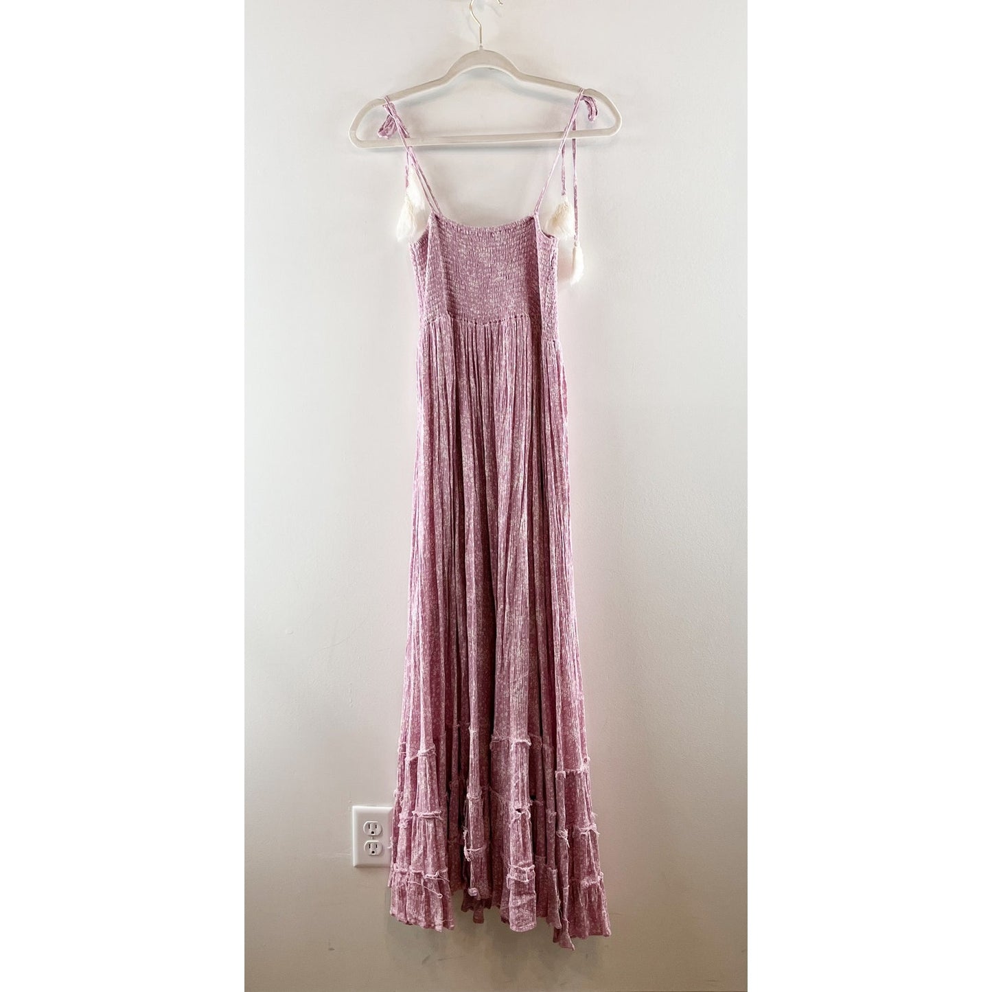 OLIA Smocked Tie Strap Printed Maxi Dress Sundress Lavender Purple Small