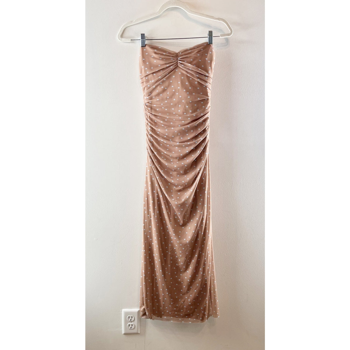ZARA Strapless Polka Dot Tulle Ruched Slip Bodycon Maxi Dress Tan Beige Small