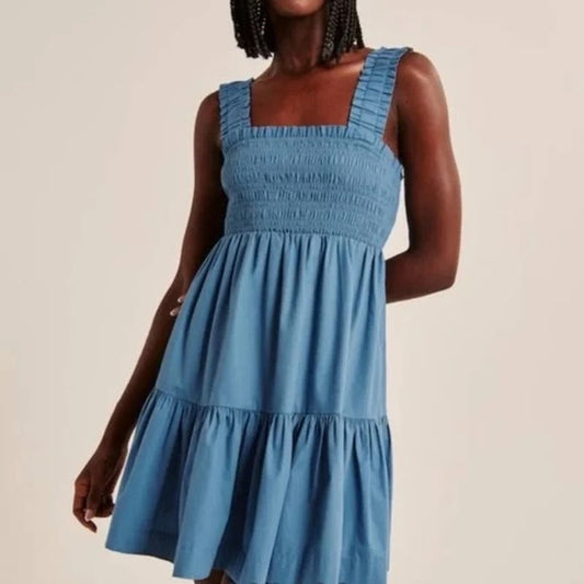 Abercrombie & Fitch Smocked Square Neck Tiered Mini Dress Blue Small