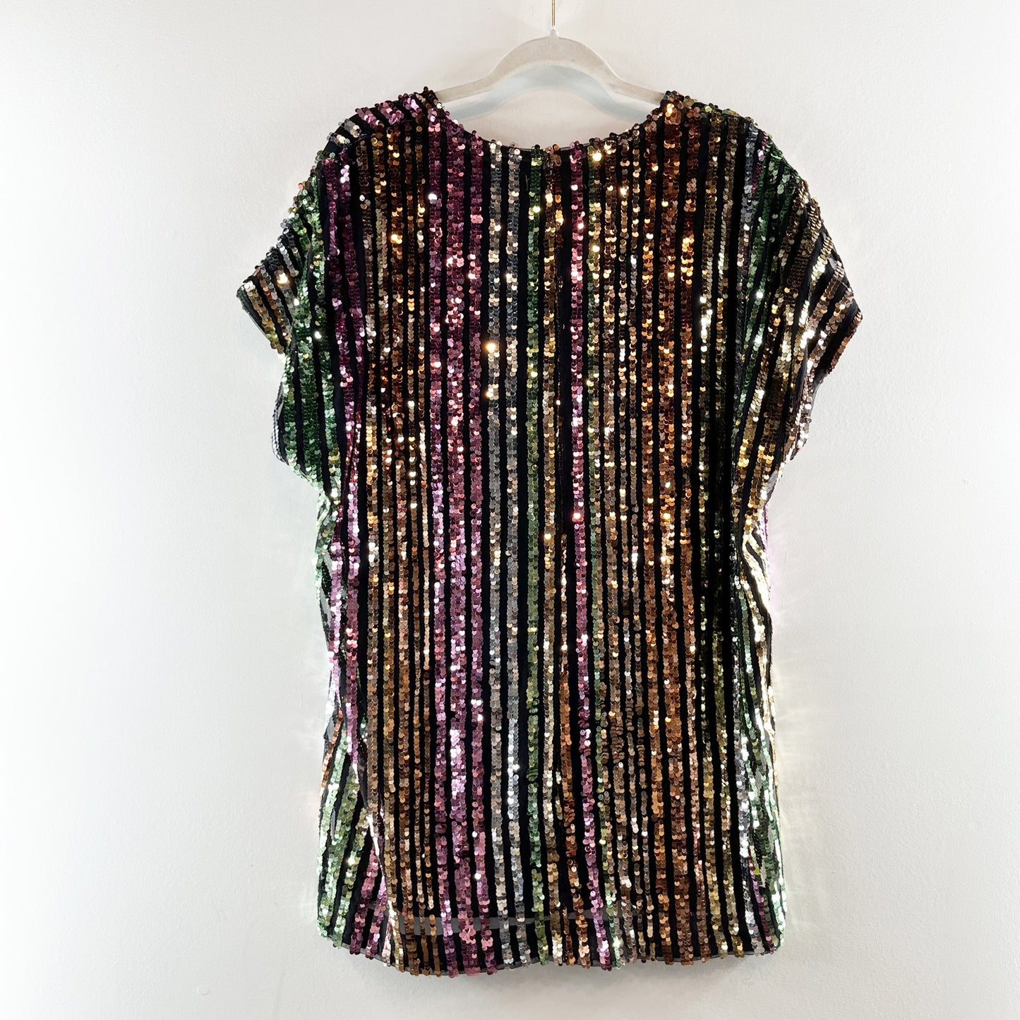 By Together Rainbow Striped V neck Short Sleeve Sequin T-Shirt Mini Dress Medium