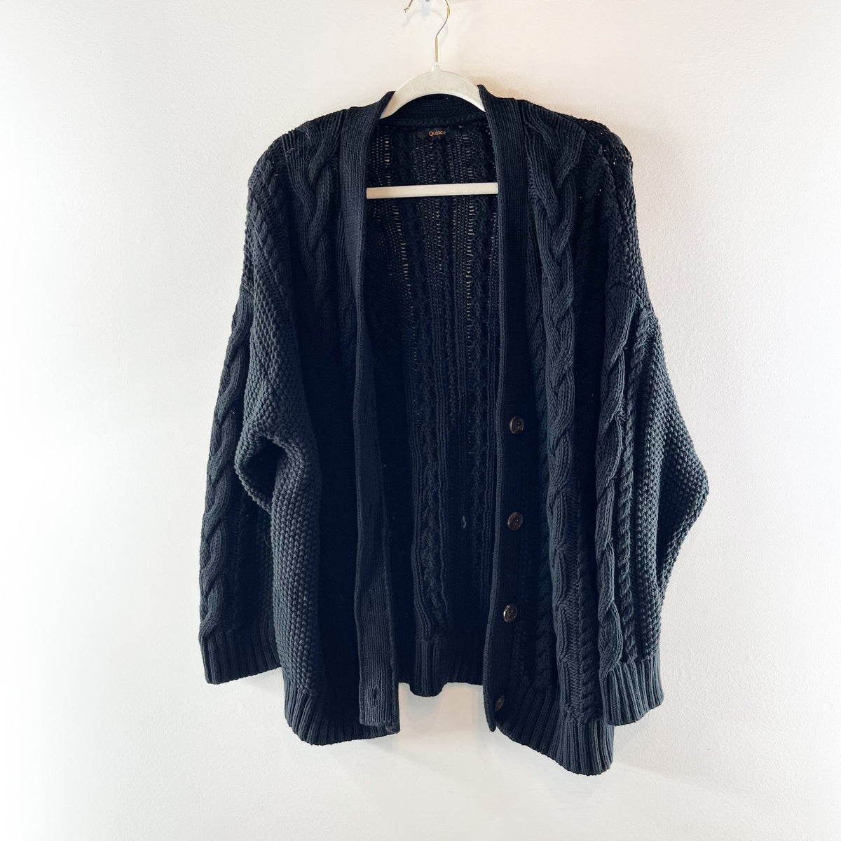 Quince Organic Cotton Oversized Cable Cardigan Sweater Black XS
