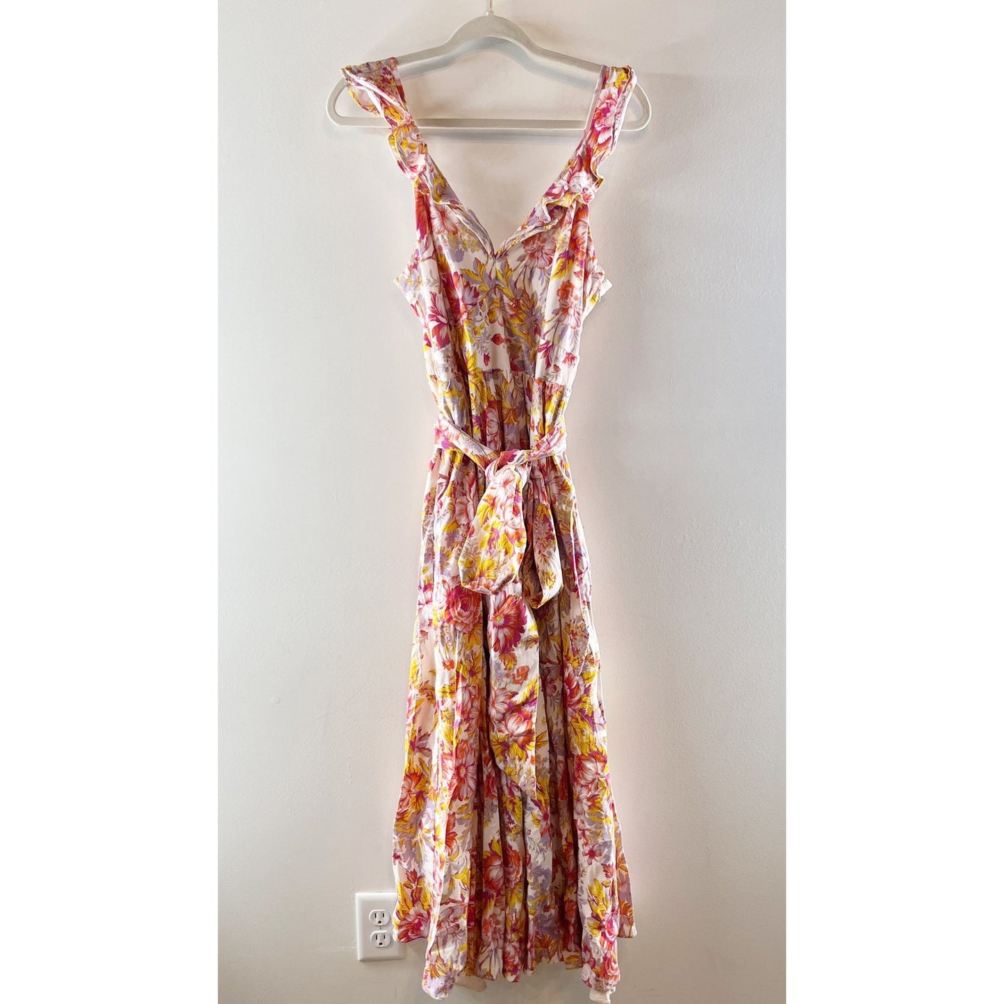 BHLDN Anthropologie Sadie V-Neck Fit & Flare Linen Floral Midi Dress Pink Medium