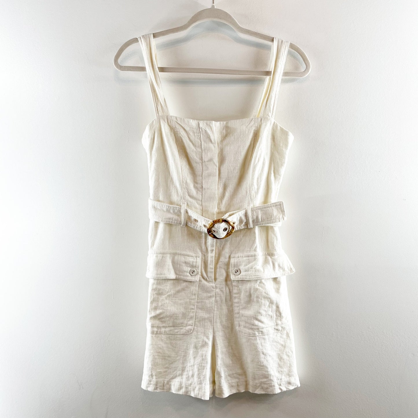 House of Harlow Linen Square Neck Belted Romper White 4