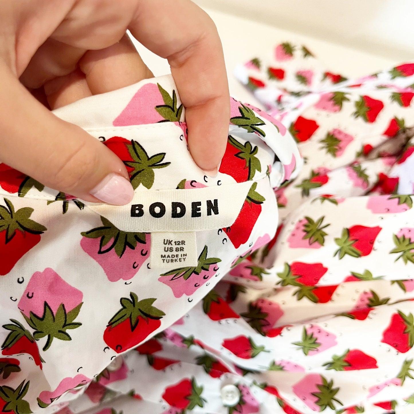 Boden Amy Cotton Strawberry Pop Midi Shirt Dress White Pink Red 8