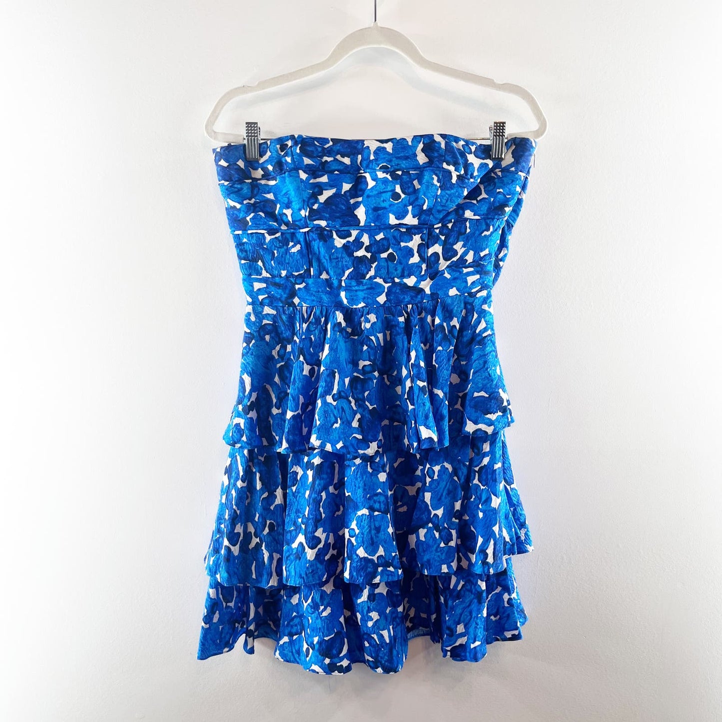 Cynthia Steffe Silk Tiered Ruffle Strapless Floral Mini Dress Blue White 8