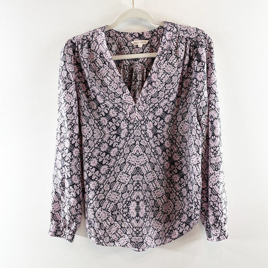 Rebecca Taylor Long Sleeve Printed V Neck Silk Blouse Top Pink Blue 4