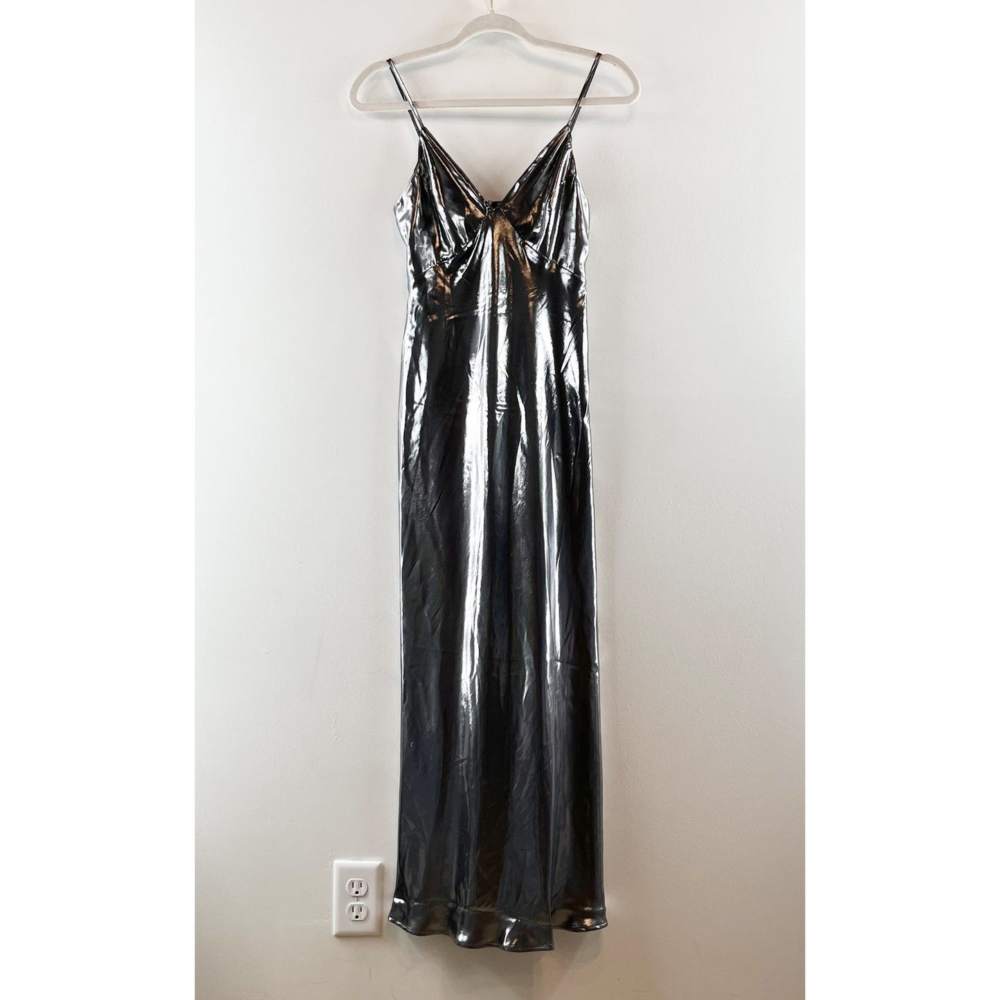 Anthropologie Metallic V Neck Slip Midi Dress Silver Gray XXS