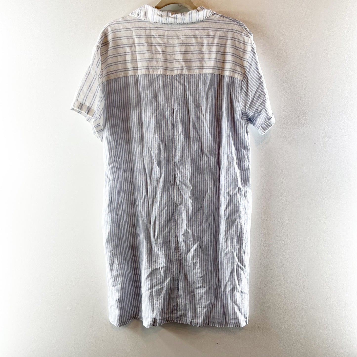 C&C California Striped Short Sleeve Button-Up Mini Shirt Dress White Blue Large