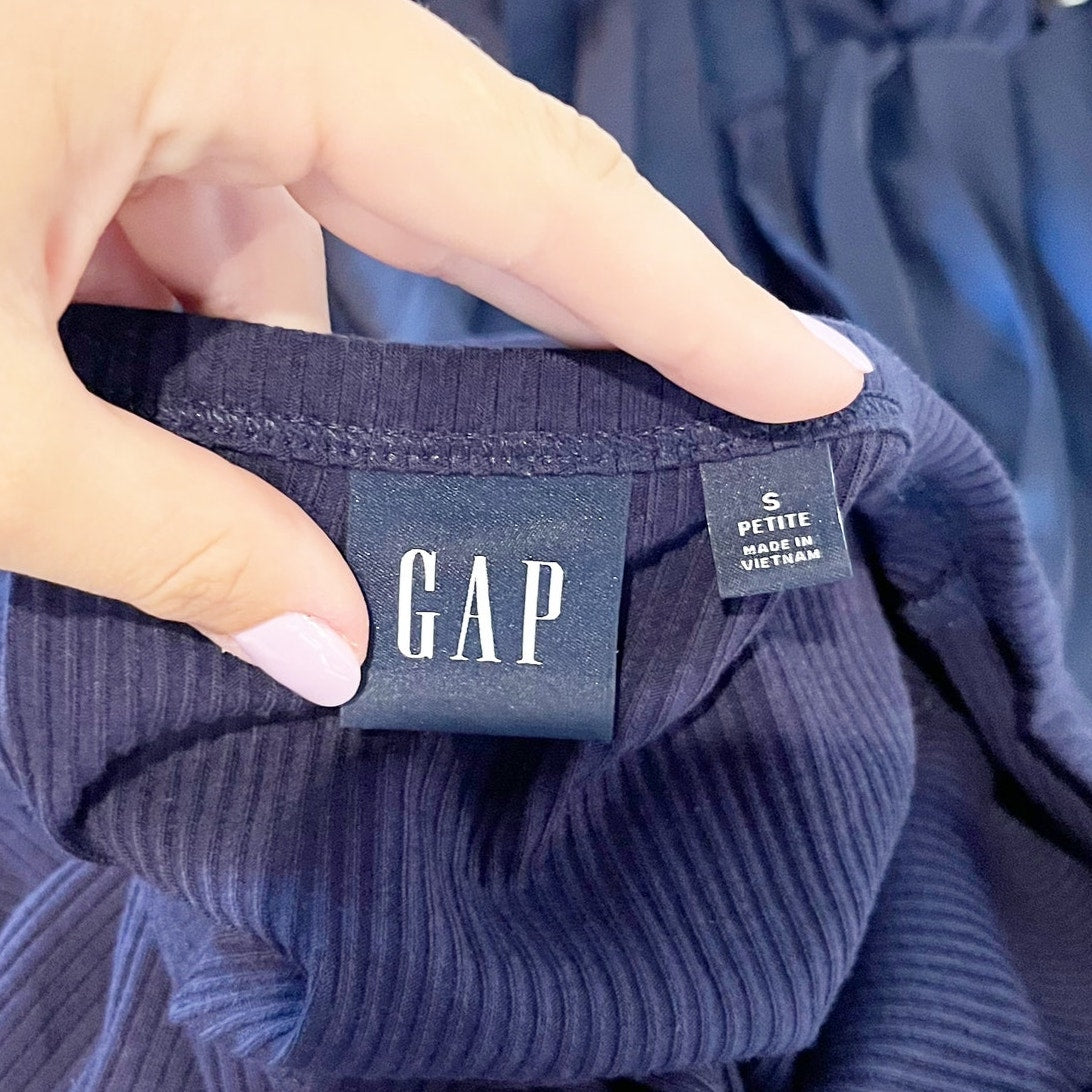 GAP Satin Pleated Short Sleeve Midi Dress Navy Blue