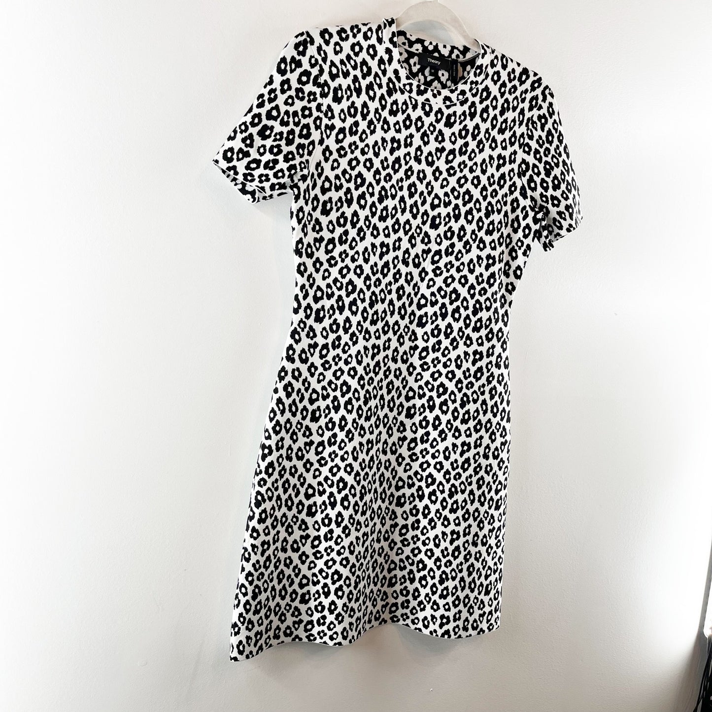 Theory Leopard Print Short Sleeve Round Neck Knit Mini Dress Black/White Medium