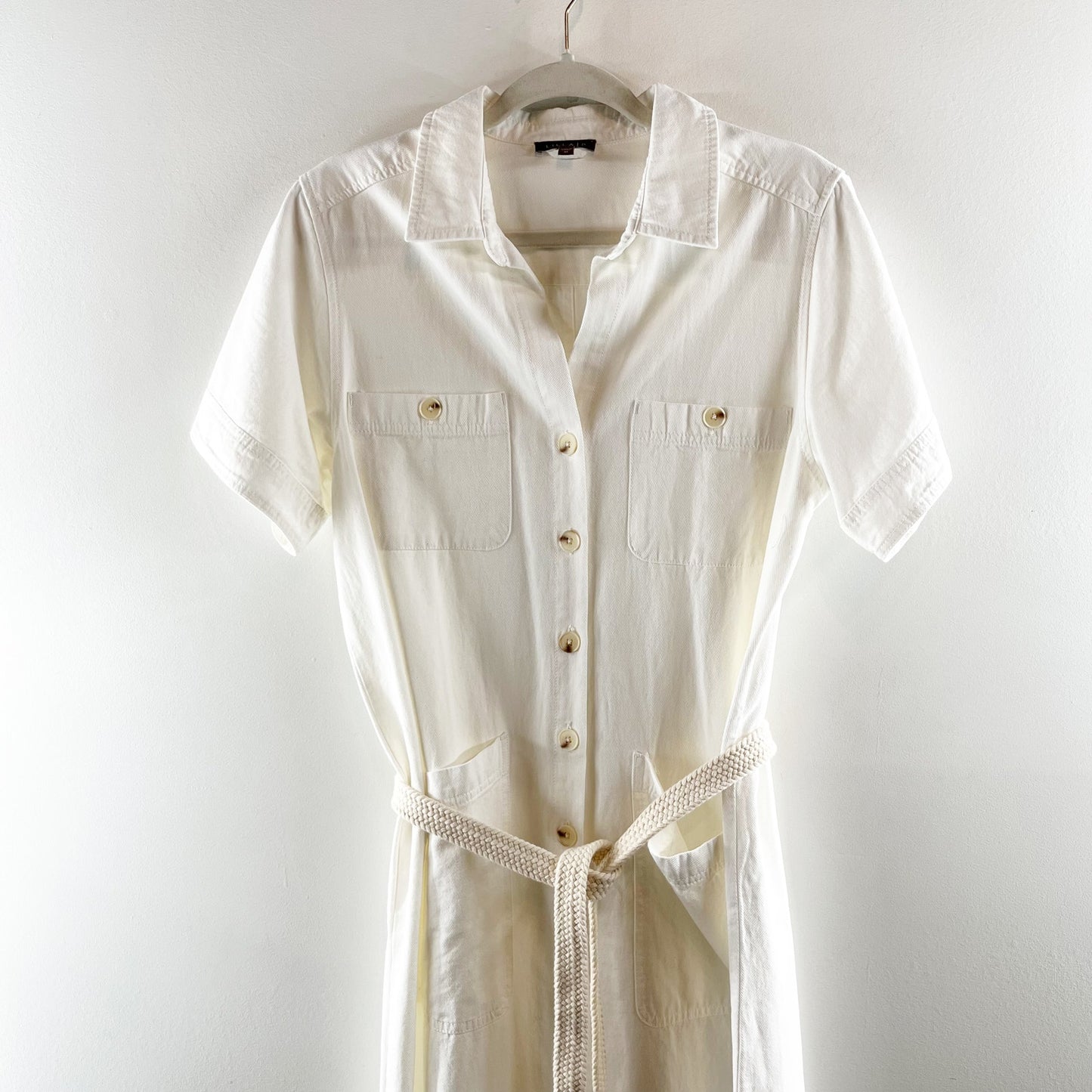 Lilla P Short Sleeve Button Up Belted Tie Waist Shirt Dress White Medium