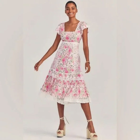 LoveShackFancy Charles Floral Square Neck Short Sleeve Midi Dress Pink White 0
