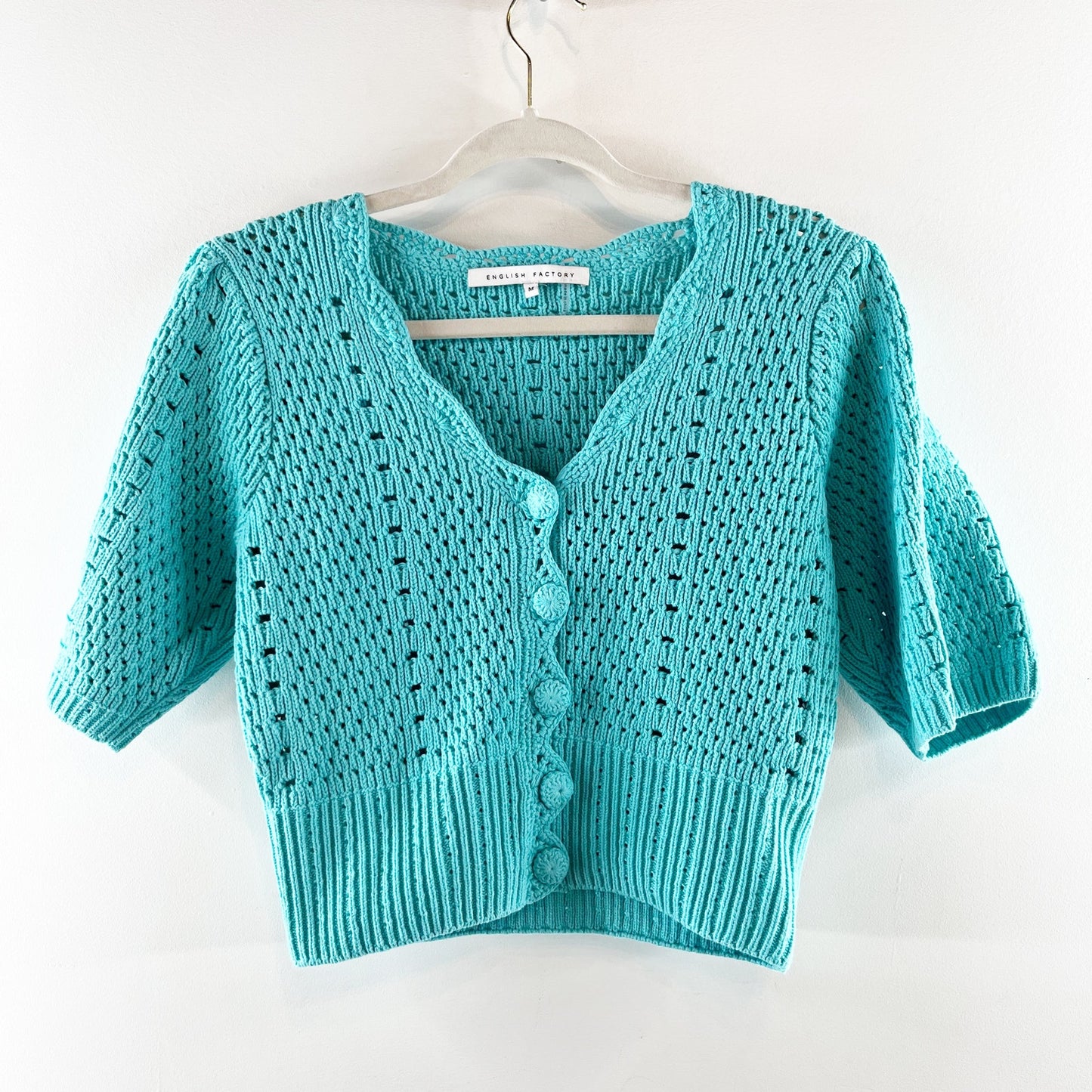 English Factory Puff Sleeve V-Neck Crop Knit Cardigan Sweater Turquoise Medium