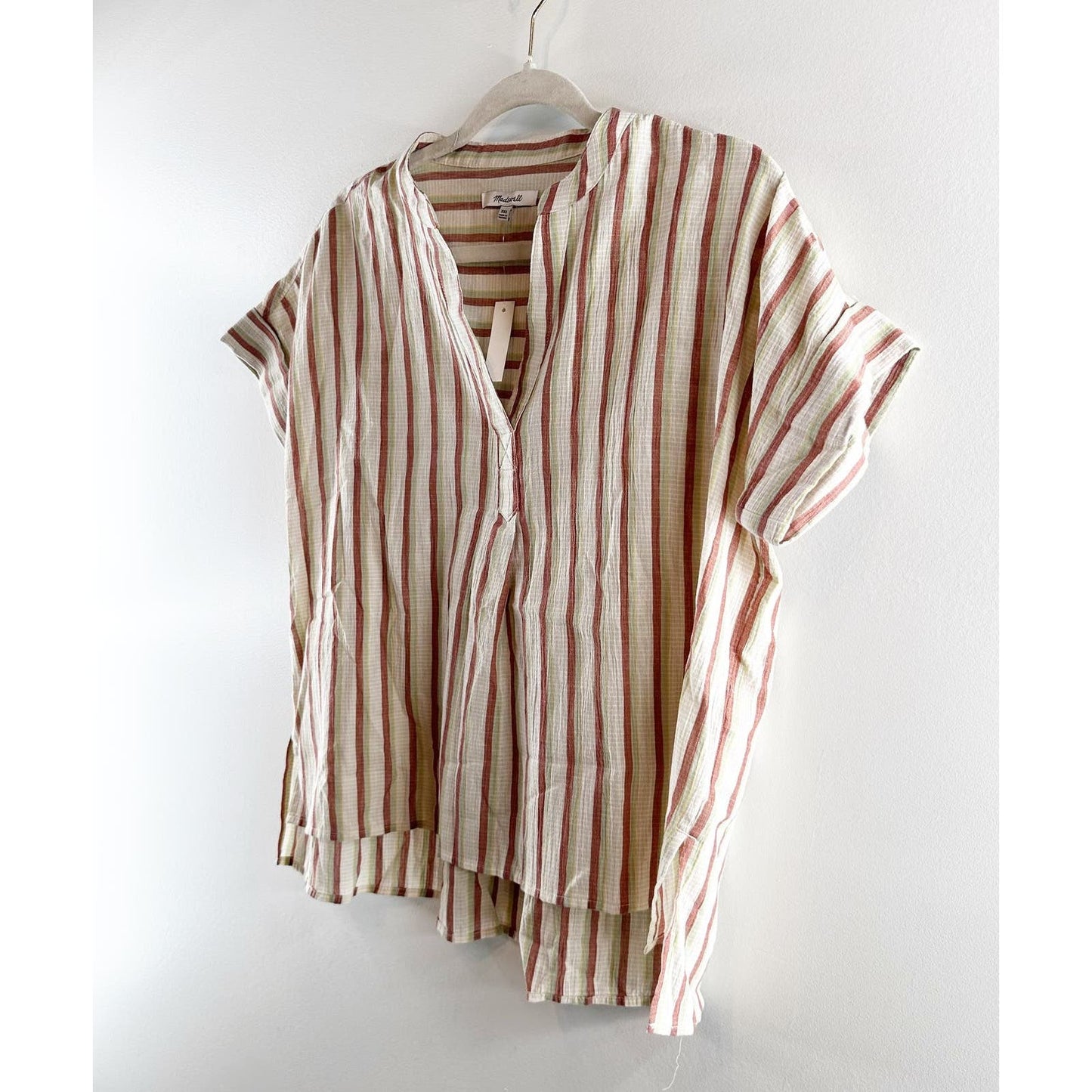 Madewell Crinkle Cotton Lakeline Popover Short Sleeve Shirt in Stripe Cream XXS