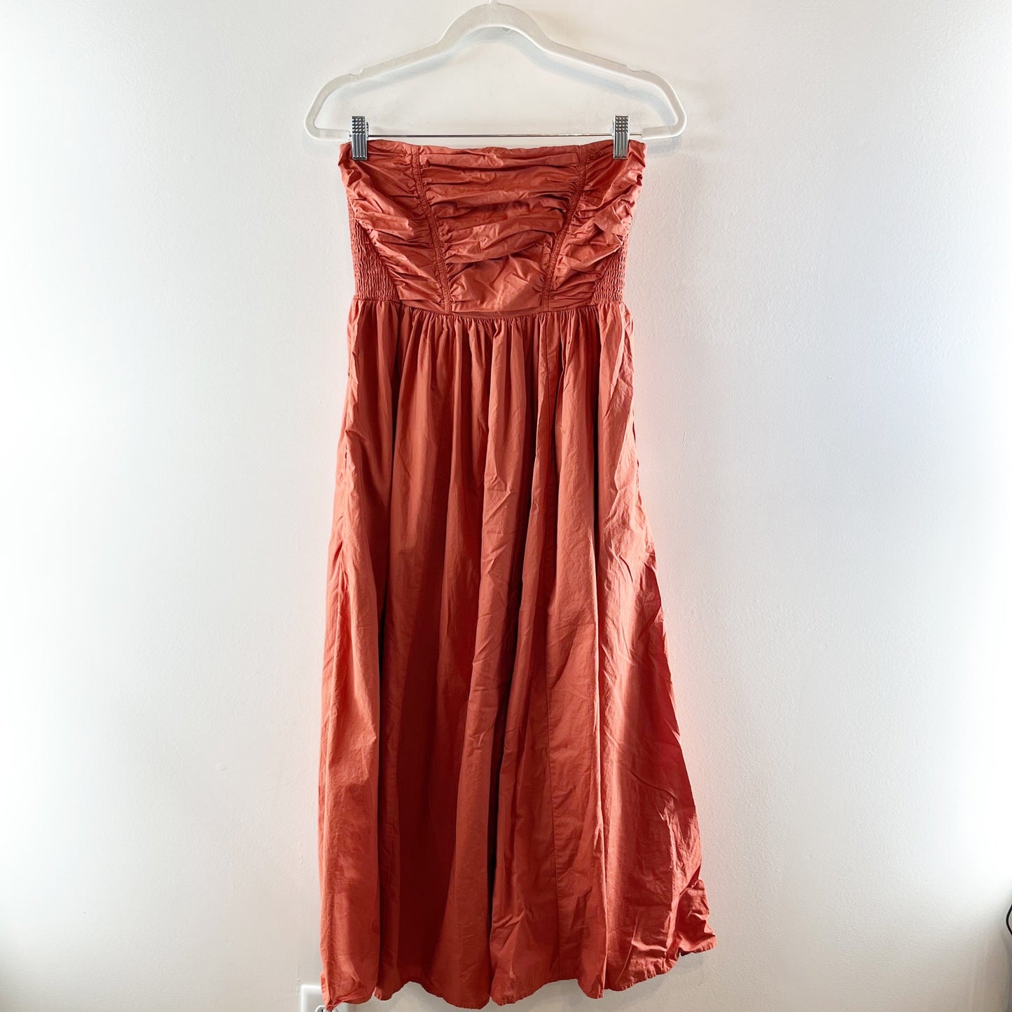 American Eagle Strapless Ruched Poplin Midi Dress Terracotta Medium