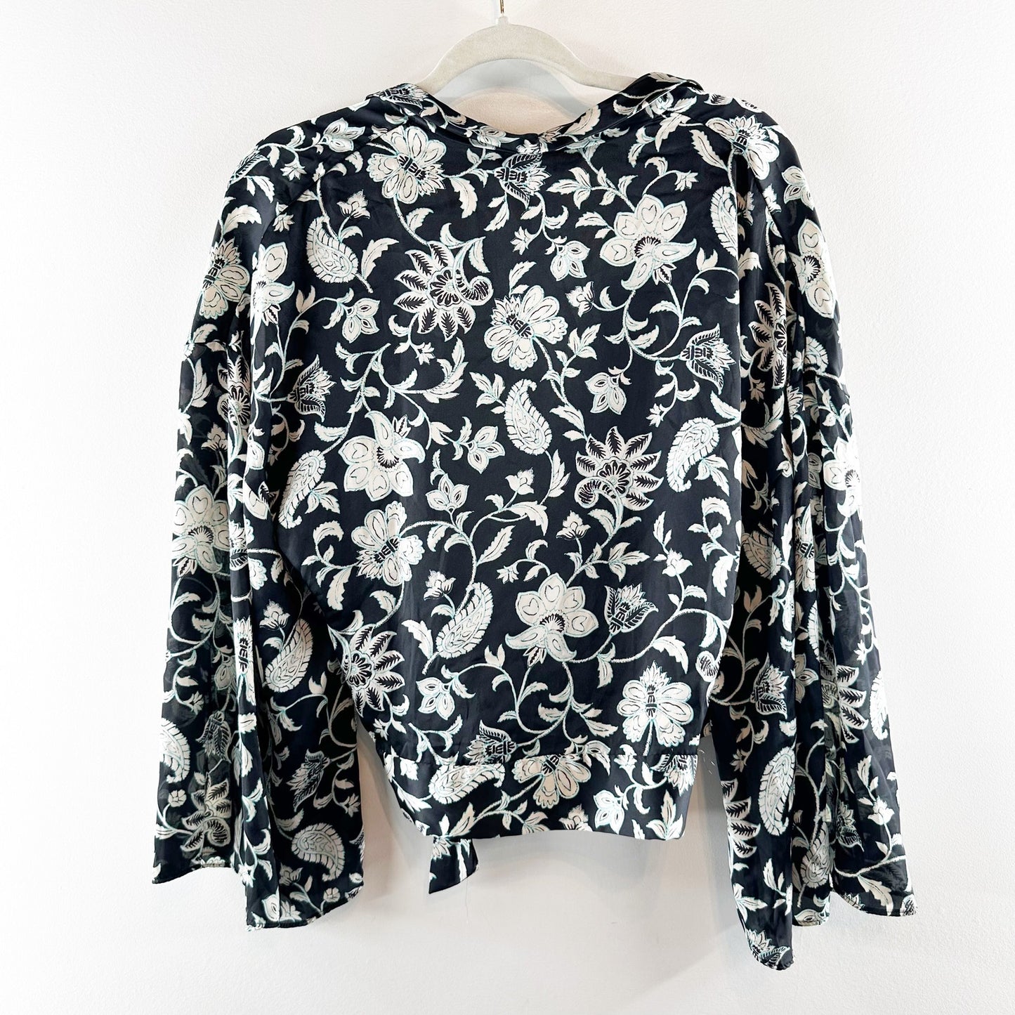 ZARA Floral Satin Bell Sleeve Wrap Tie Blouse Shirt Black White Medium