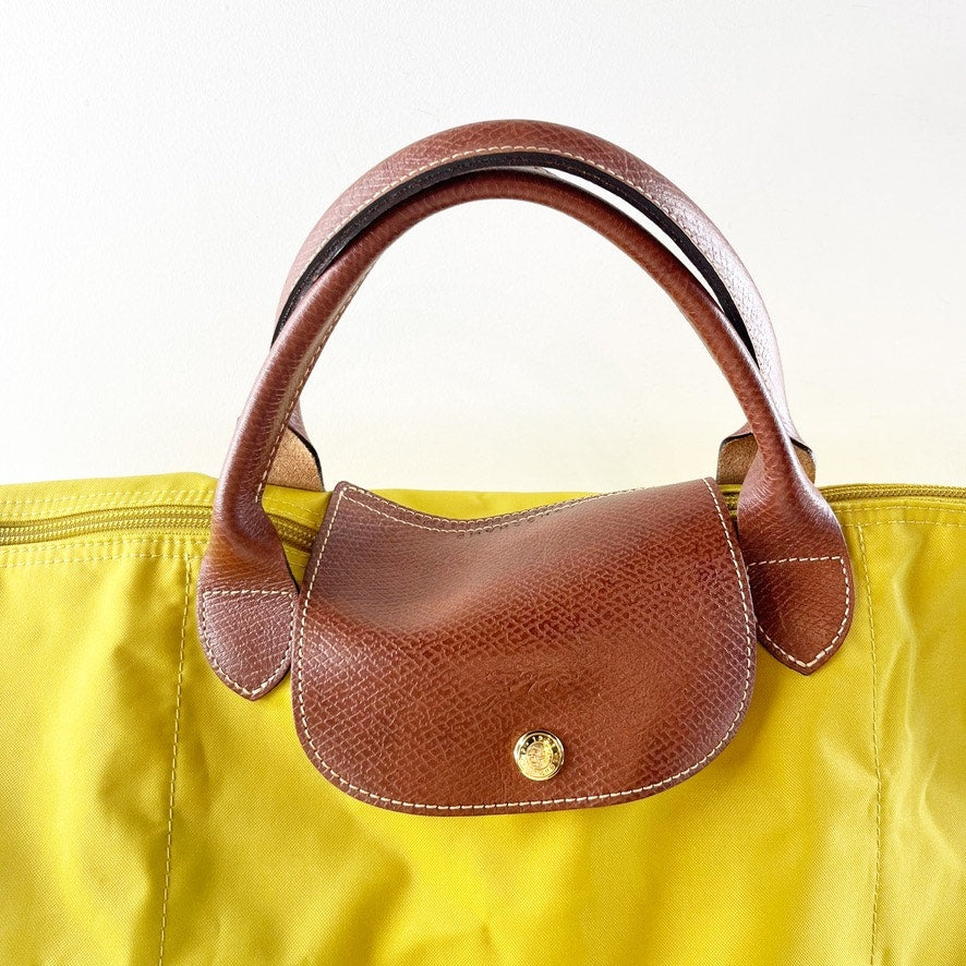Longchamp Nylon Medium Le Pliage Tote Handbag Yellow Brown
