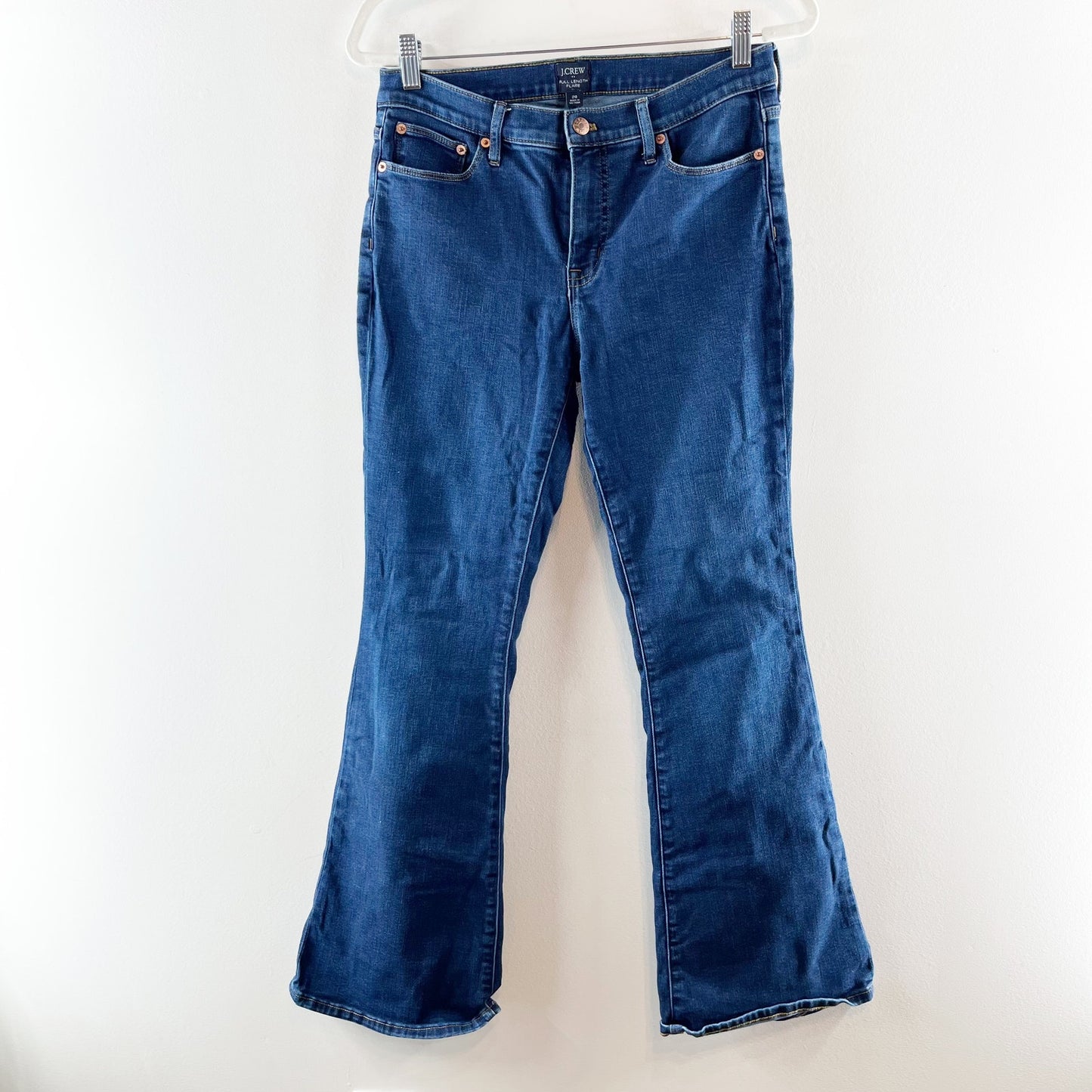 J. Crew Mid Rise Full Length Flare Jeans Signature Stretch Dark Wash Blue 26